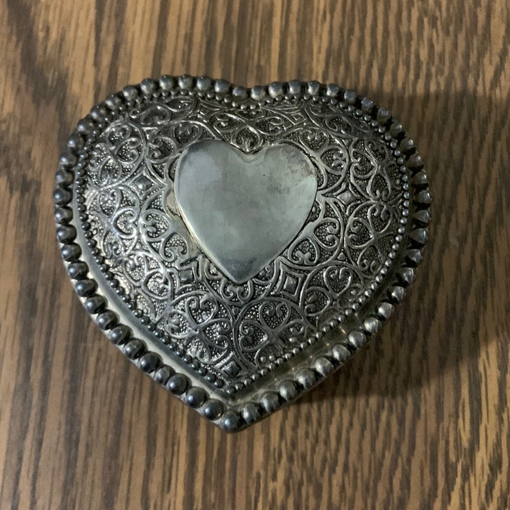 Heart Shaped Pewter Blue Velvet Jewelry Box